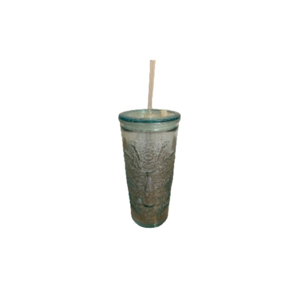 Coca Cola Vintage Collectable Textured Glass Mandala Design Cup with Lid & Straw